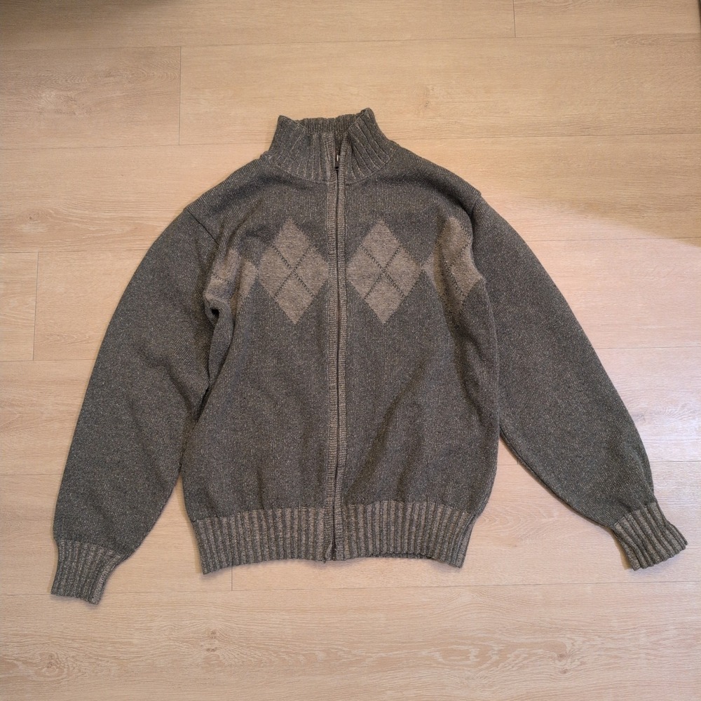 VTG Bill Blass Men XL Argyle Full Zip Mock Neck Cotton Knit Sweater Grandpa